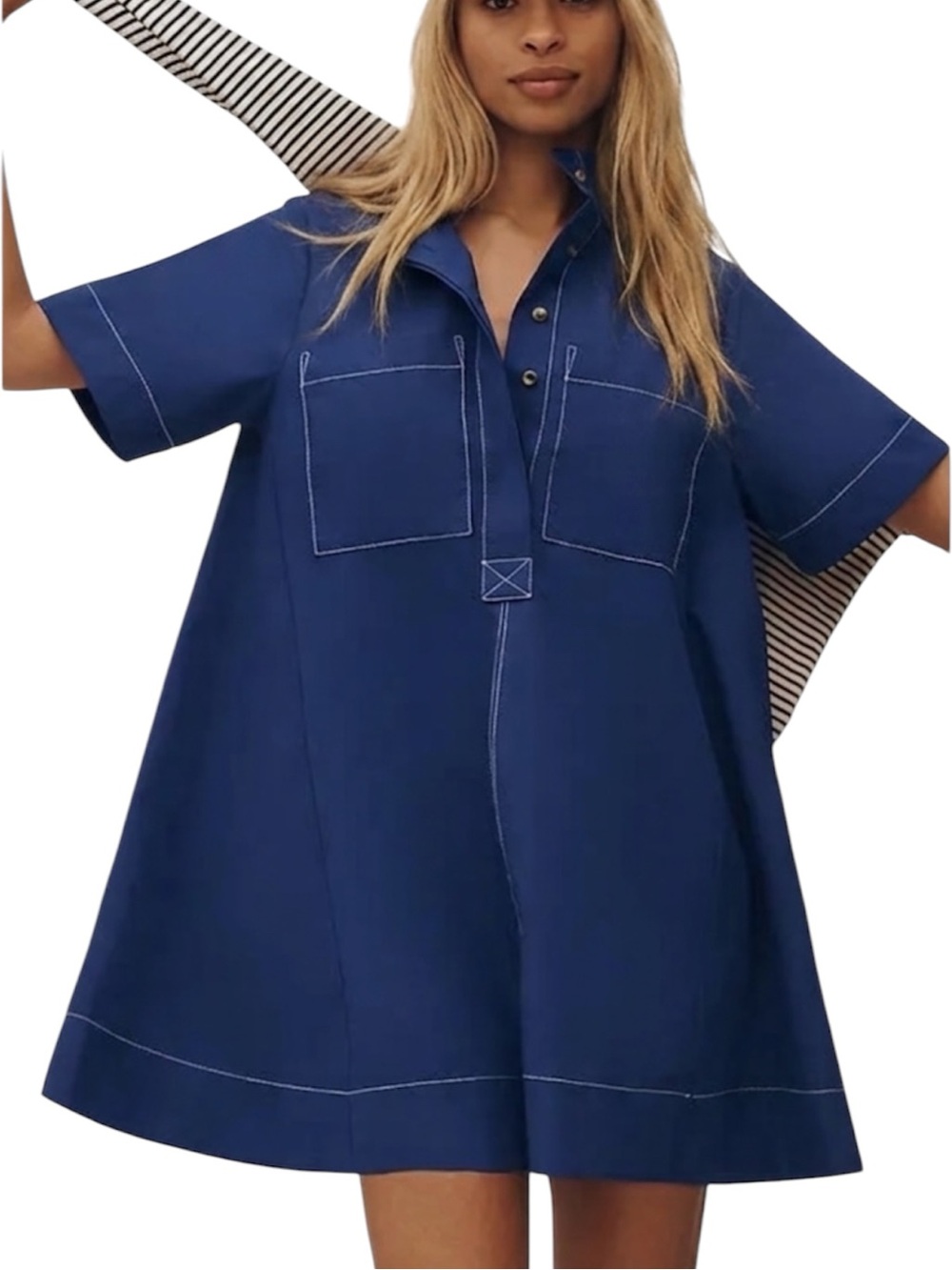 Entro Navy Blue Cotton Blend Short-Sleeve A-Line Midi Tent Dress  With Pockets S